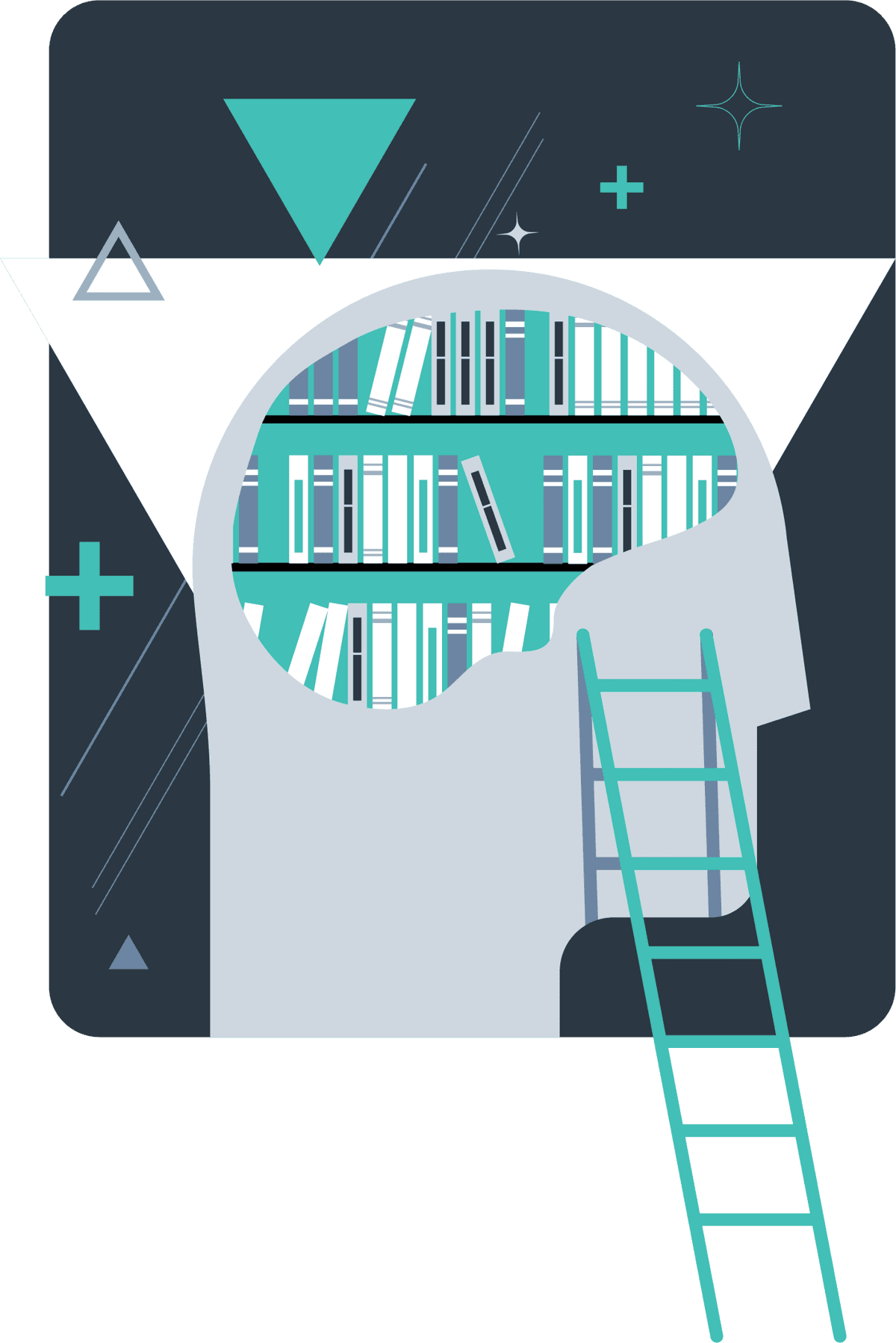 A head full of books with a ladder leaning against it